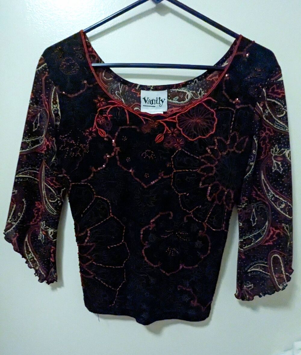 Vanity Black Floral/Paisley Mesh Sheer Scoop Neck 3/4 Bell Sleeve Blouse S